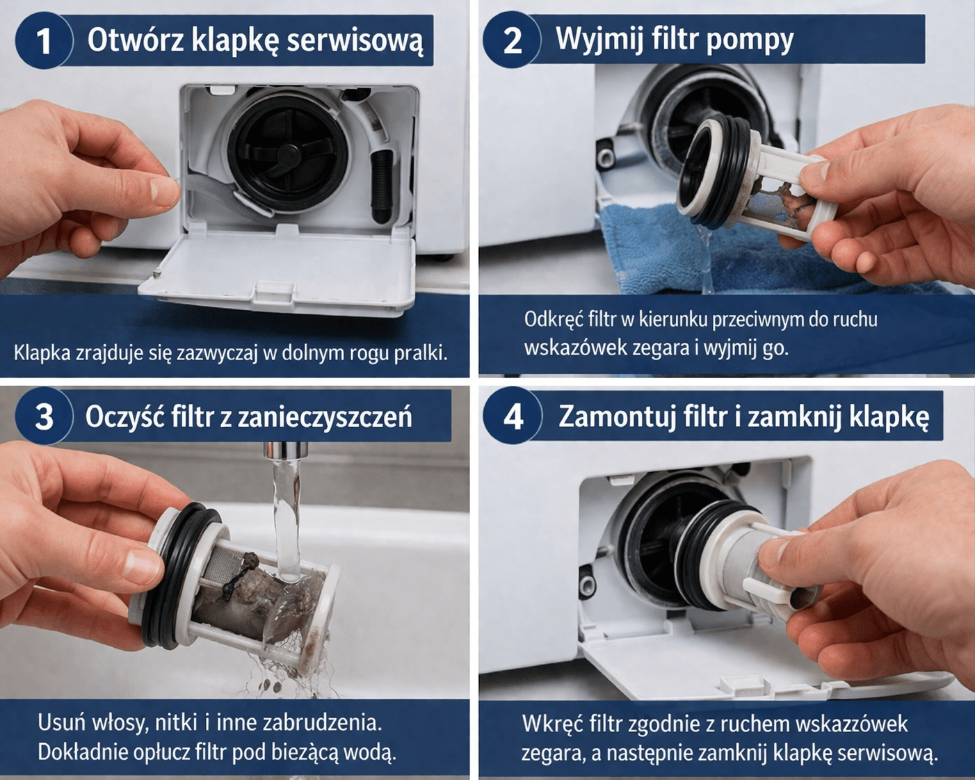 czyszczenie filtra pompy pralki – pralka nie pobiera wody naprawa krok po kroku
