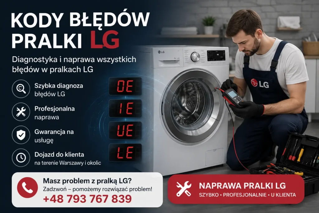 Kody błędów pralki LG – diagnostyka i naprawa błędów DE, IE, UE, LE przez serwis AGD Warszawa