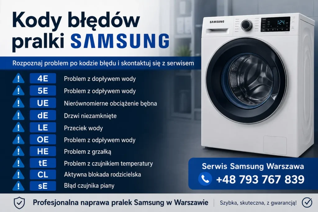 Kody błędów pralki Samsung – lista najczęstszych błędów 4E, 5E, UE, dE, LE, HE wraz z opisem usterek i sposobami diagnostyki pralki Samsung