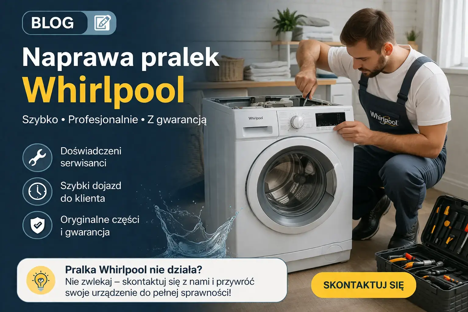 Naprawa pralek Whirlpool – serwisant naprawiający pralkę z użyciem narzędzi diagnostycznych